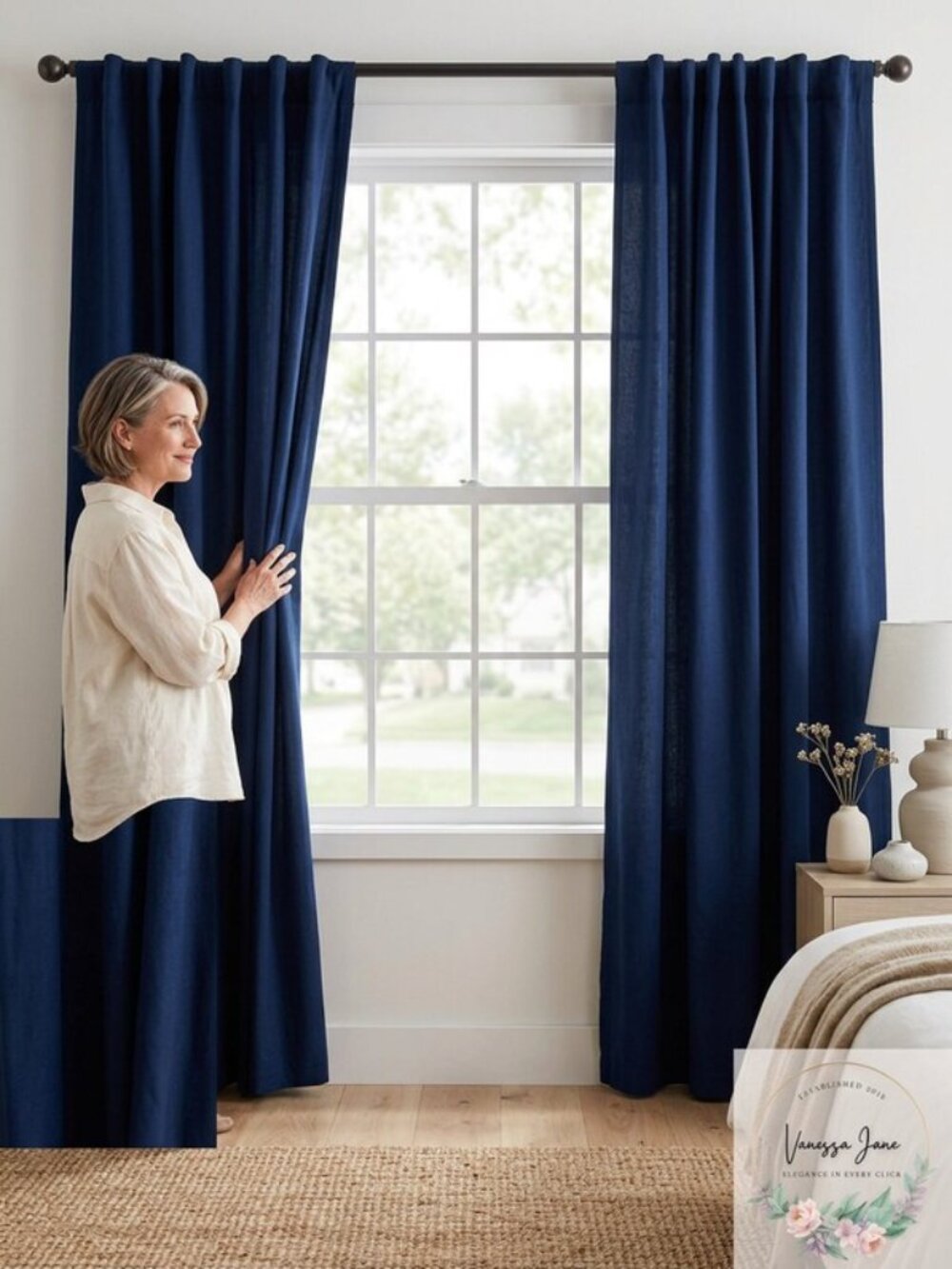SKYLINE Velvet 84-Inch Rod Pocket/Back Tab Window Curtain Panel in Navy